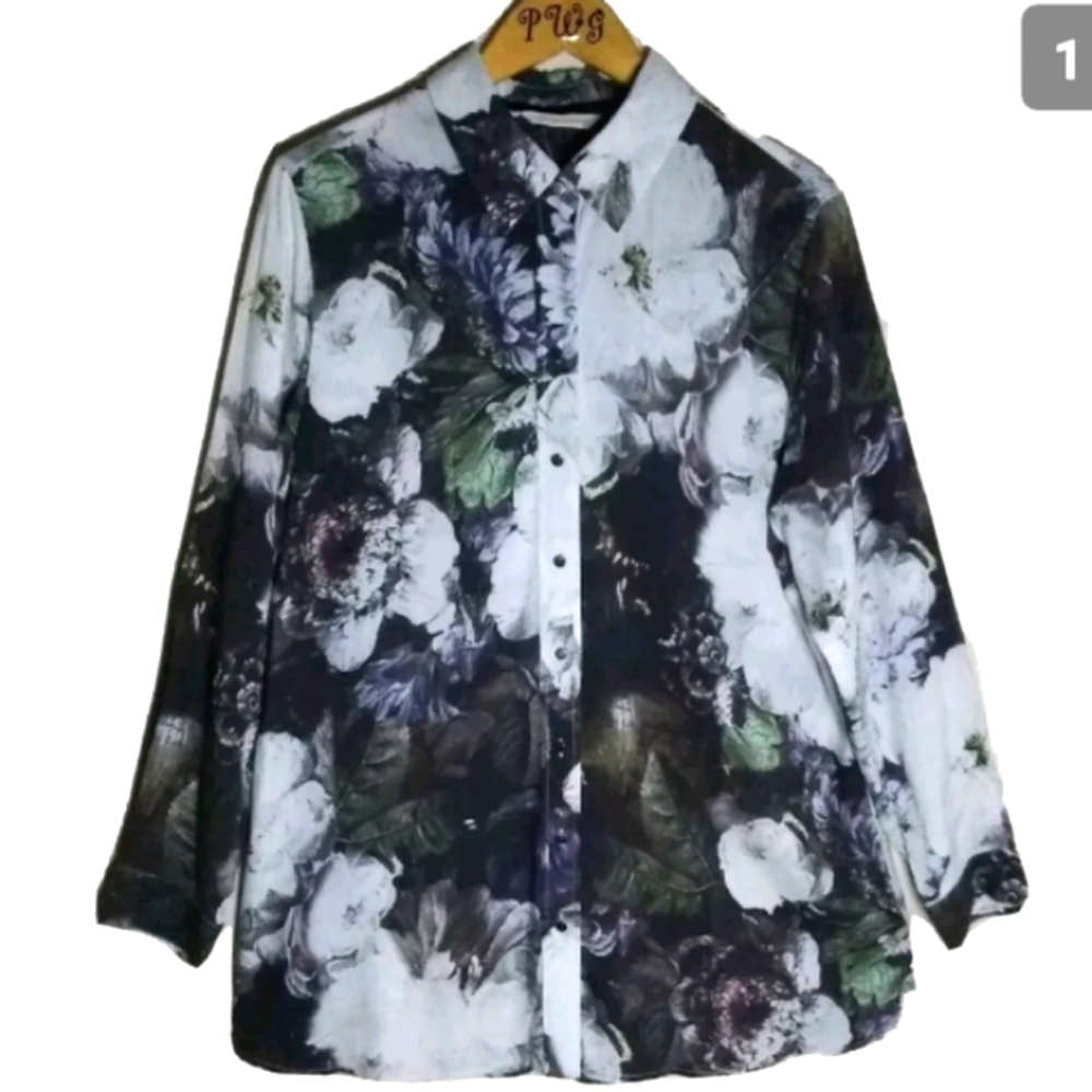 SOFT SURROUNDINGS shirt blouse top Floral white flower Button Up  Size Large